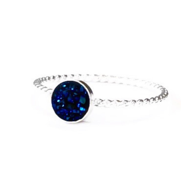 (2-13) 925 Sterling Silver Blue Druzy Titanium Quartz Bezel Set Gemstone Ring - Picture 7 of 13